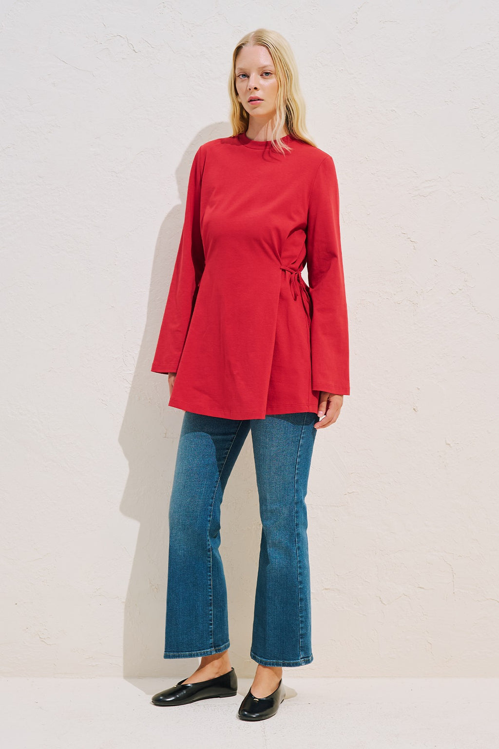 Waist Tie Long Sleeve T-Shirt Red