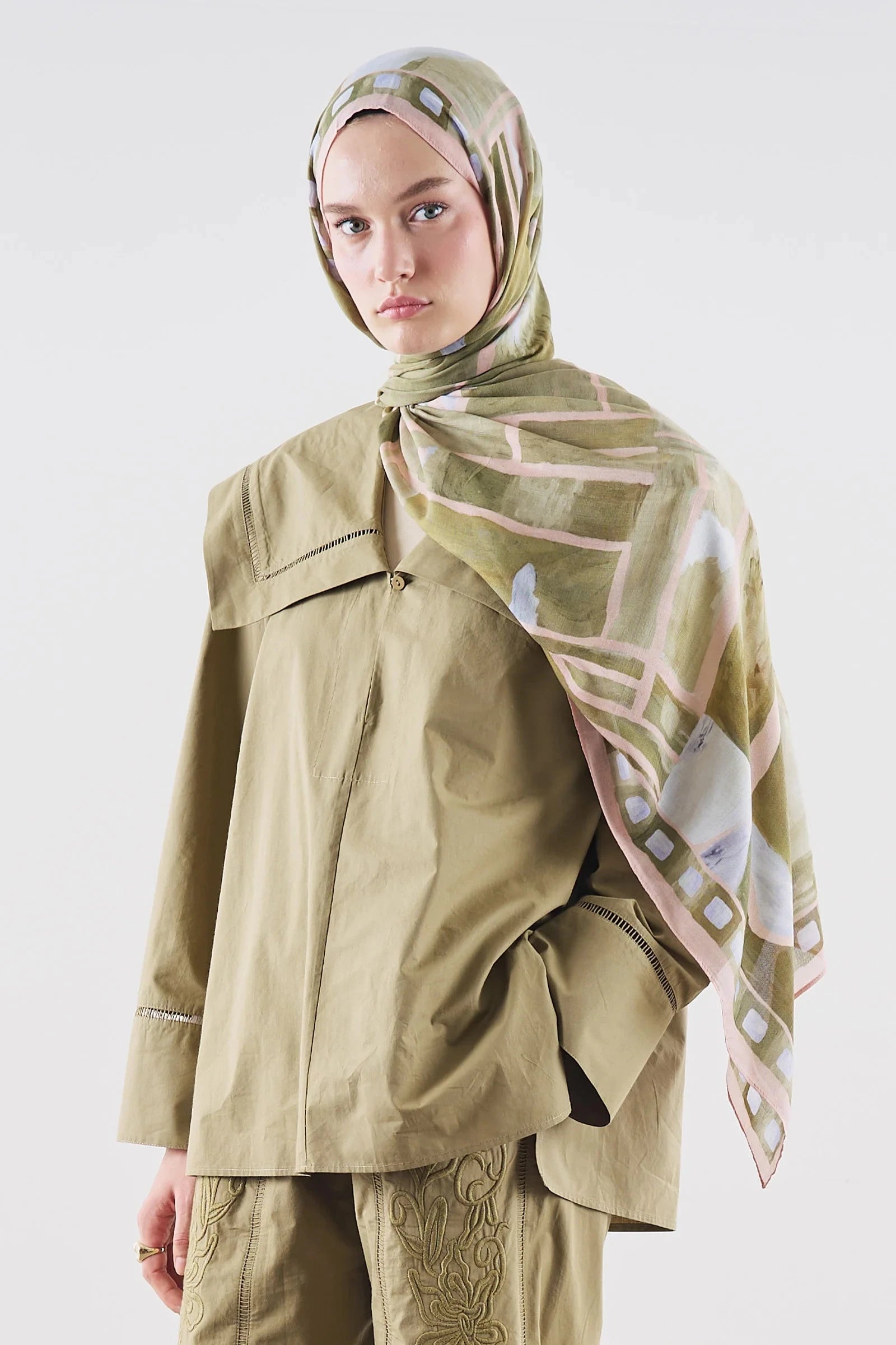 Abstract Blocks Ramie Viscose Shawl Khaki