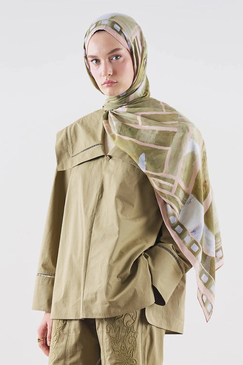 Abstract Blocks Ramie Viscose Shawl Khaki