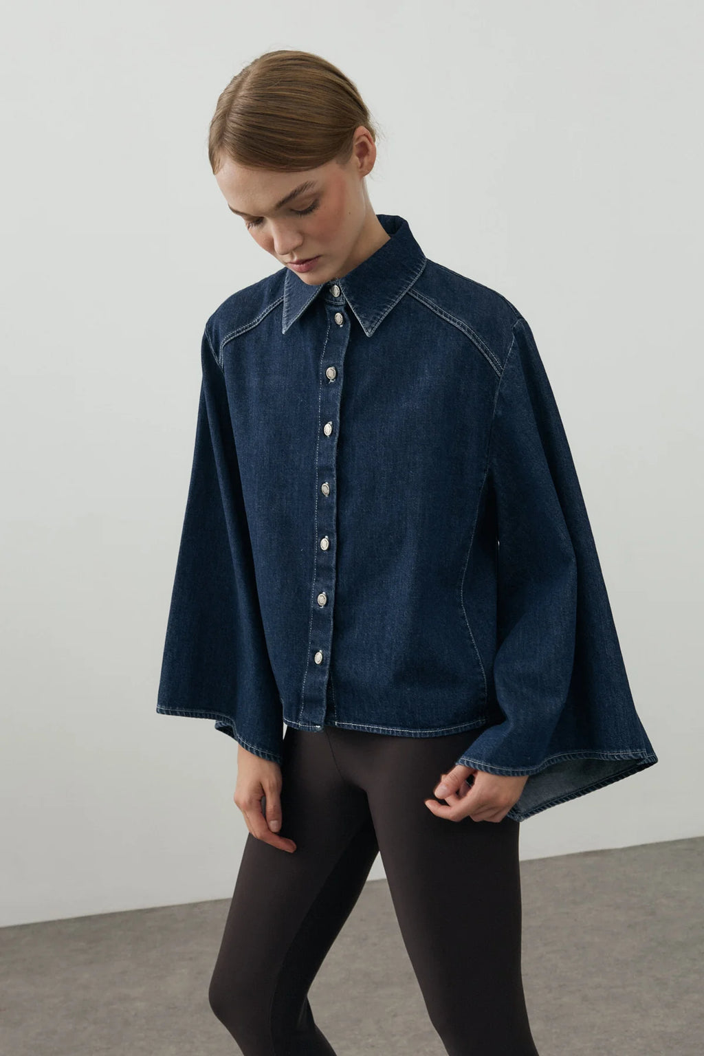 Wide-Sleeve Denim Shirt Dark Blue