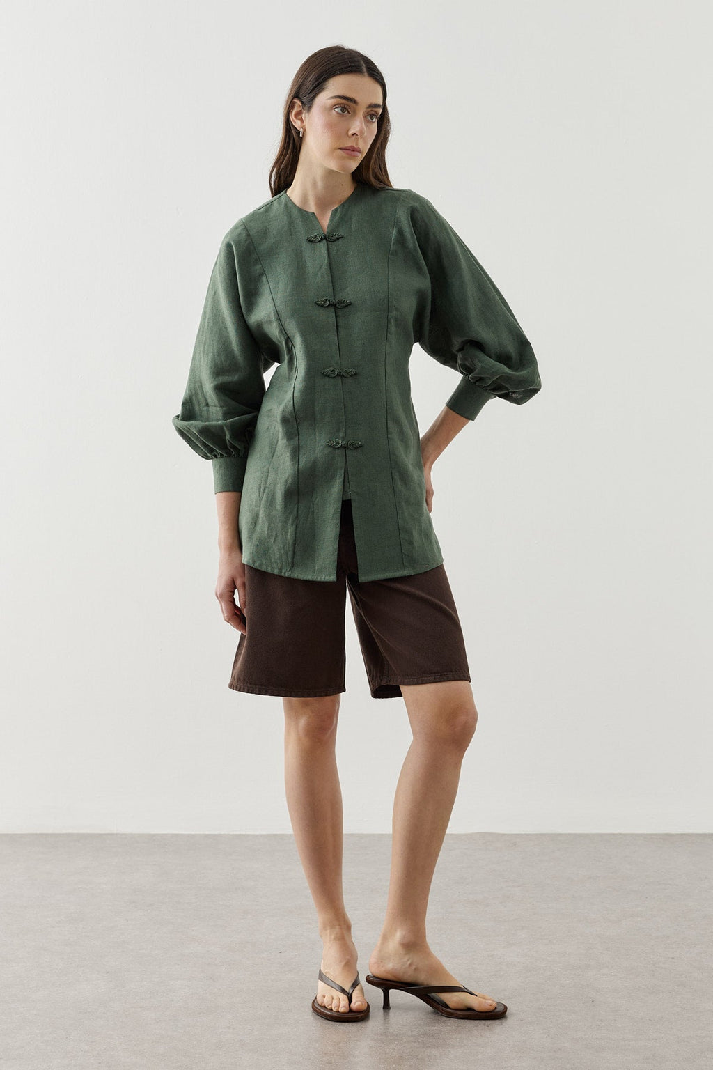 Linen Japandi Button-Up Shirt Jacket Dark Green