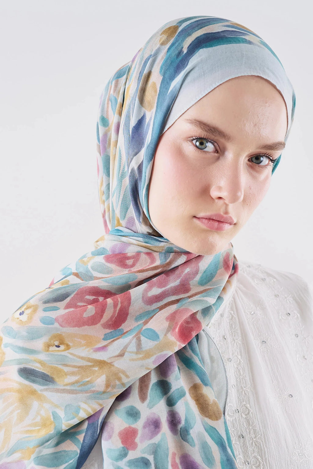 Floral Whimsy Ramie Viscose Shawl Soft Blue
