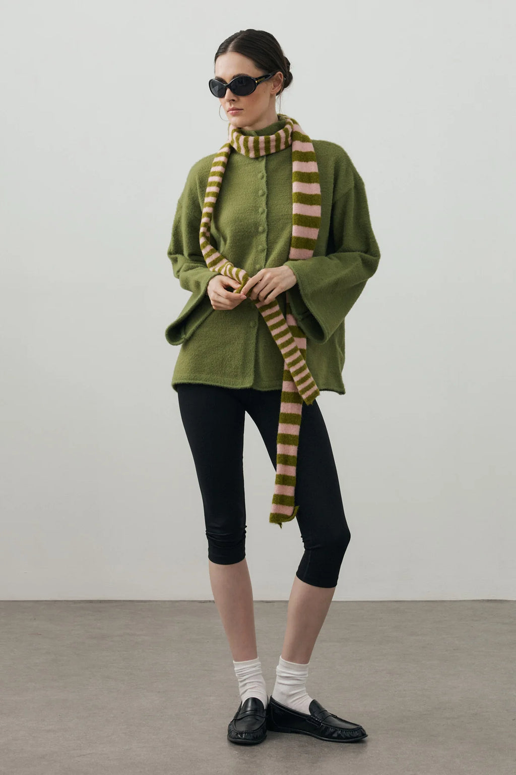 Striped Slim Scarf Moss And Pink