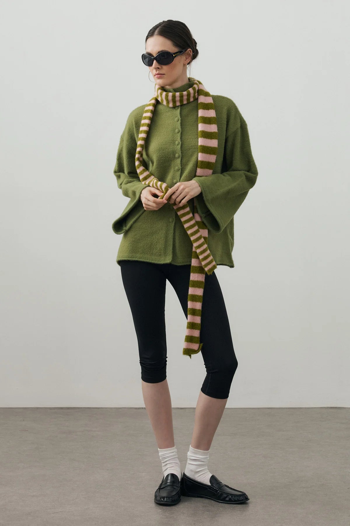 Striped Slim Scarf Moss And Pink