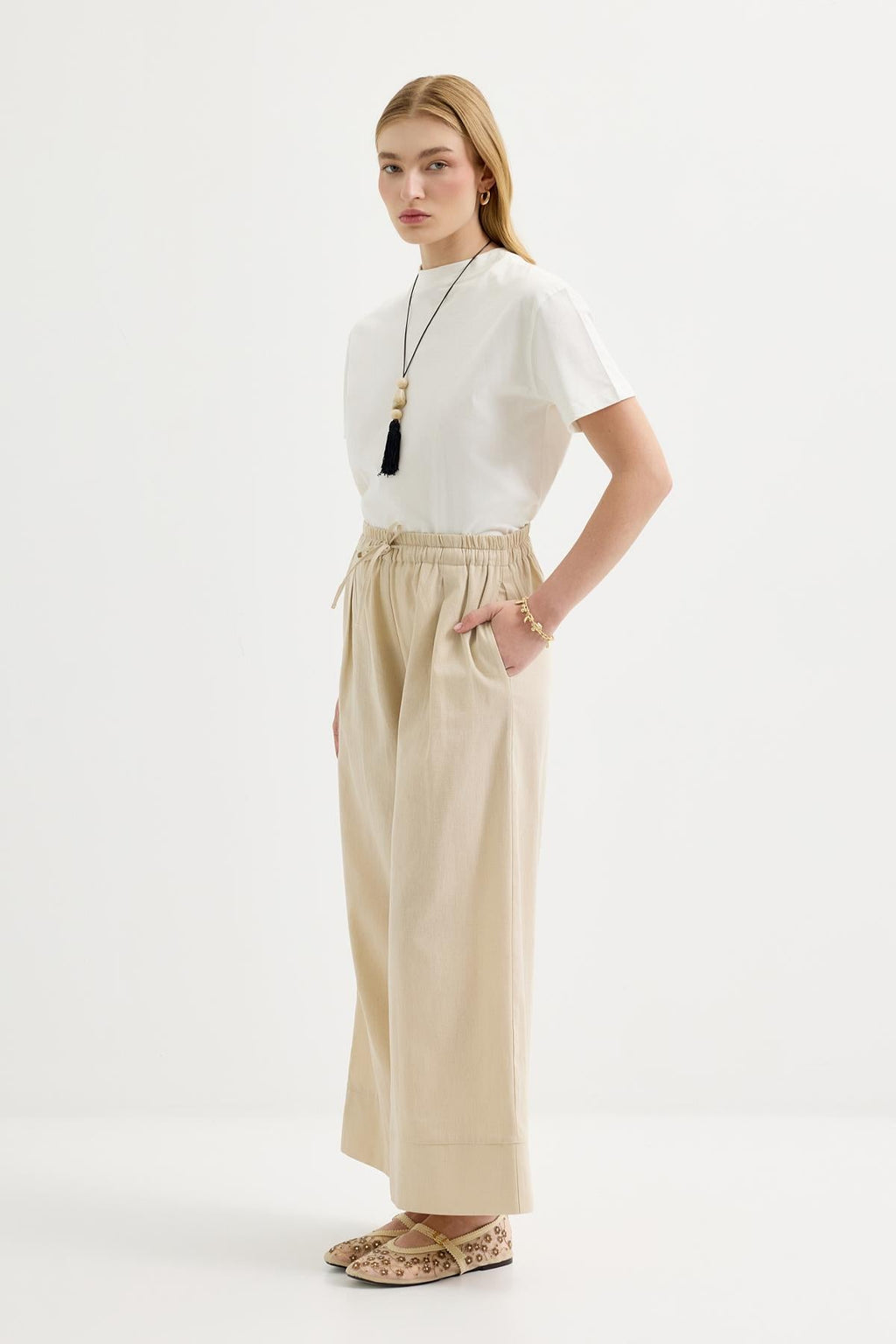 Doren Tie-Waist Linen Pants Light Beige