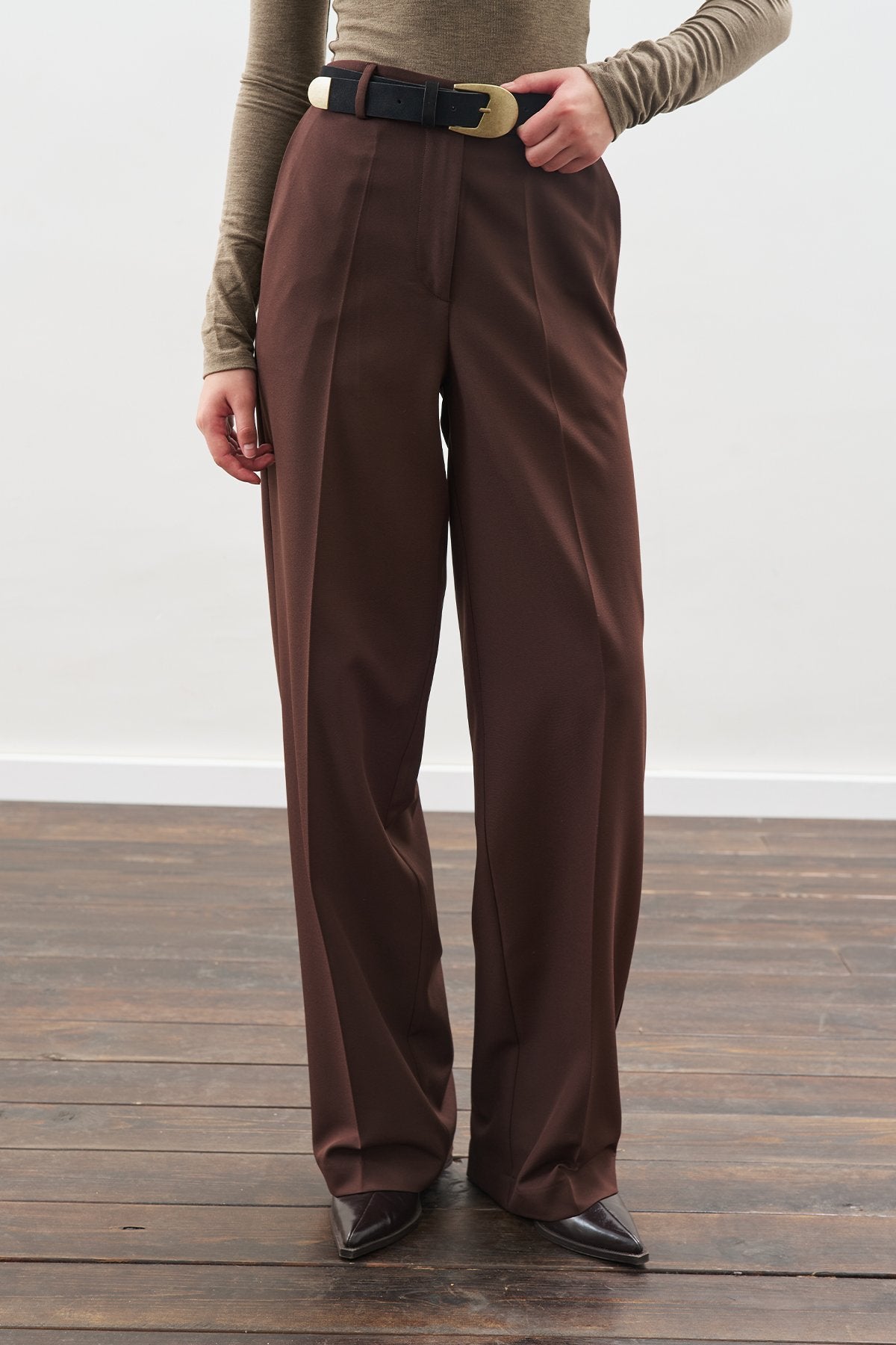 Long-Length Straight-Leg Pants Brown