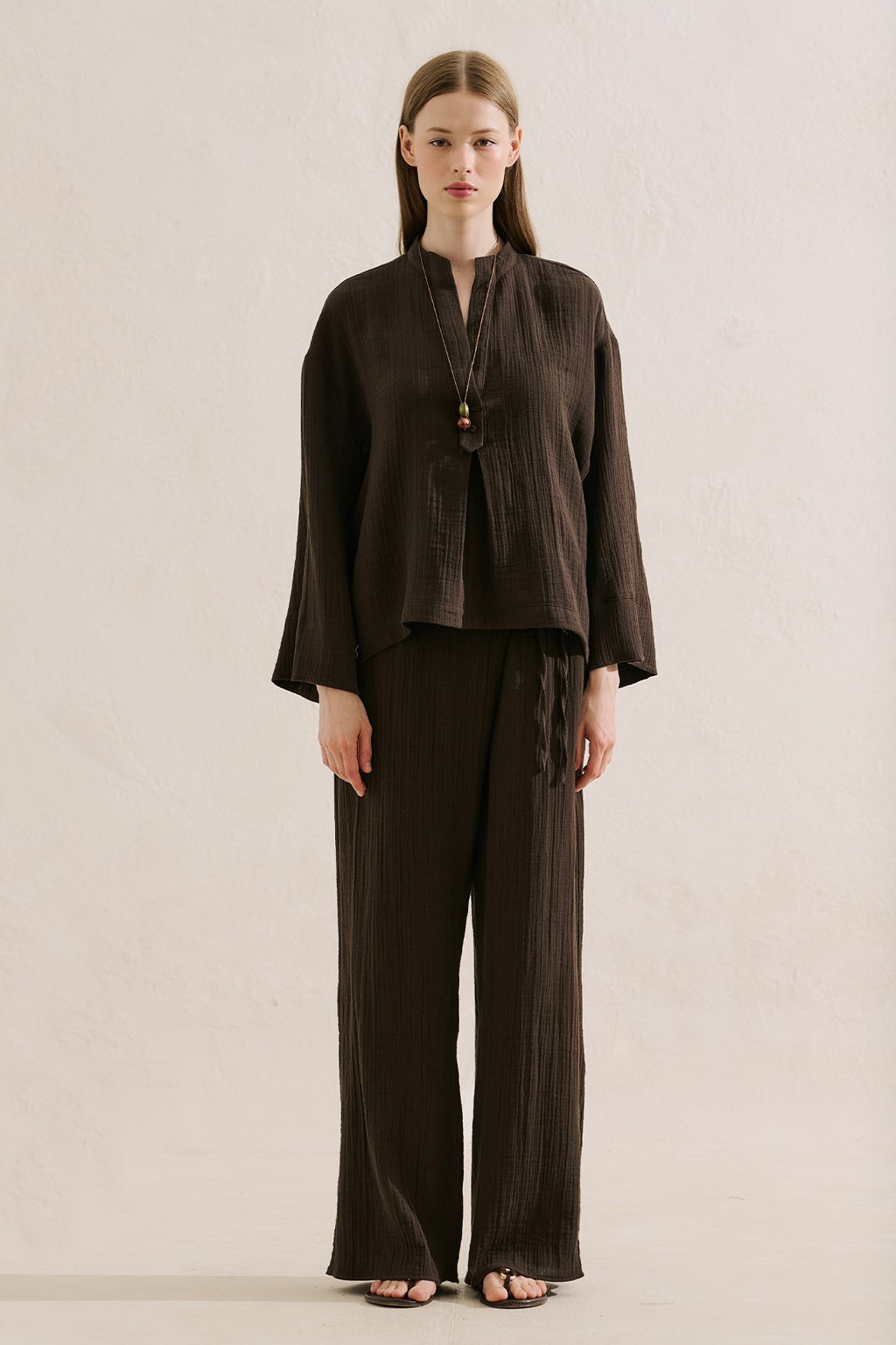 Muslin Wide-Sleeve Blouse Brown