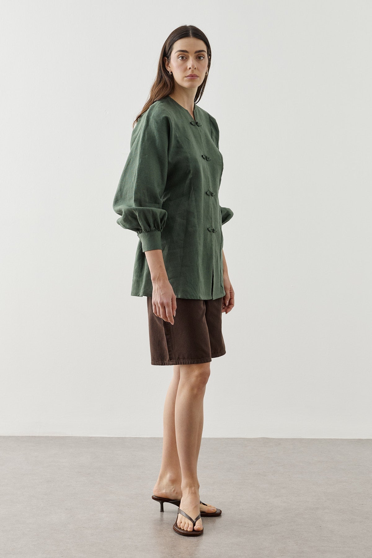 Linen Japandi Button-Up Shirt Jacket Dark Green