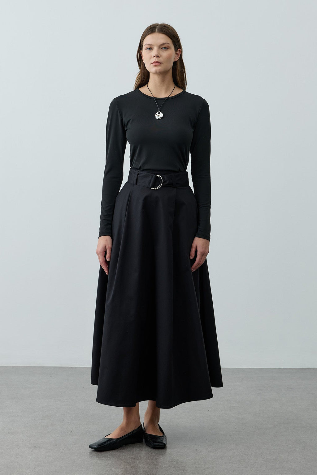 Belted Gabardine Skirt Black