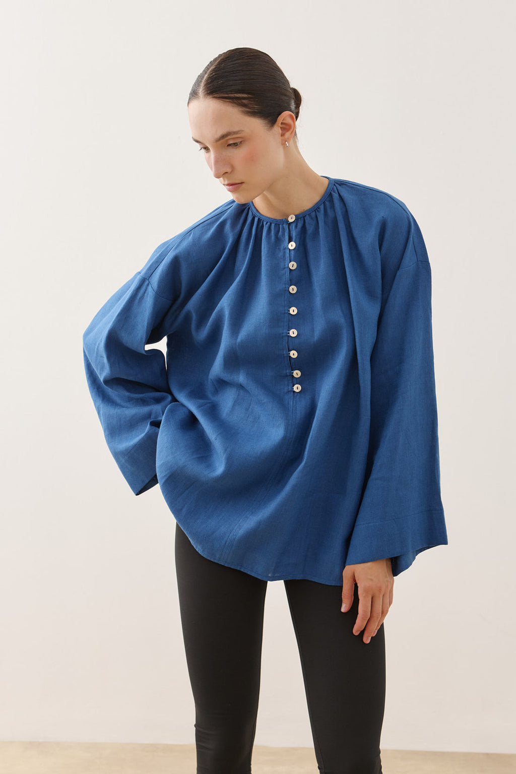 Crew Neck Linen Shirt Cobalt Blue