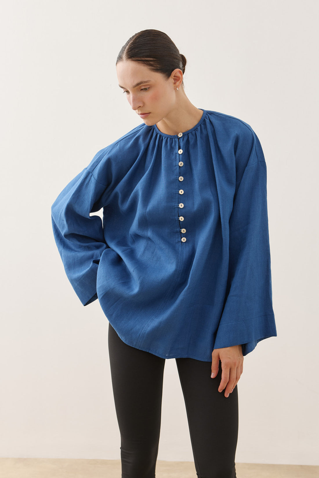 Crew Neck Linen Shirt Cobalt Blue
