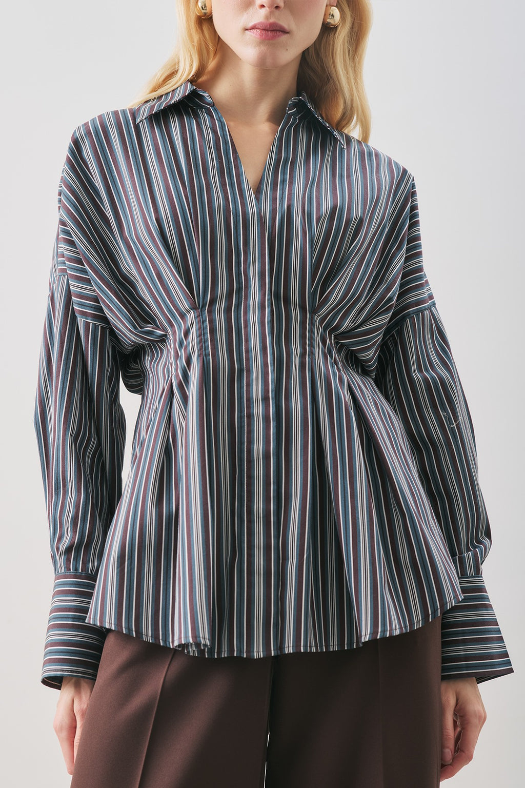 Pleated-Detail Shirt Brown Striped