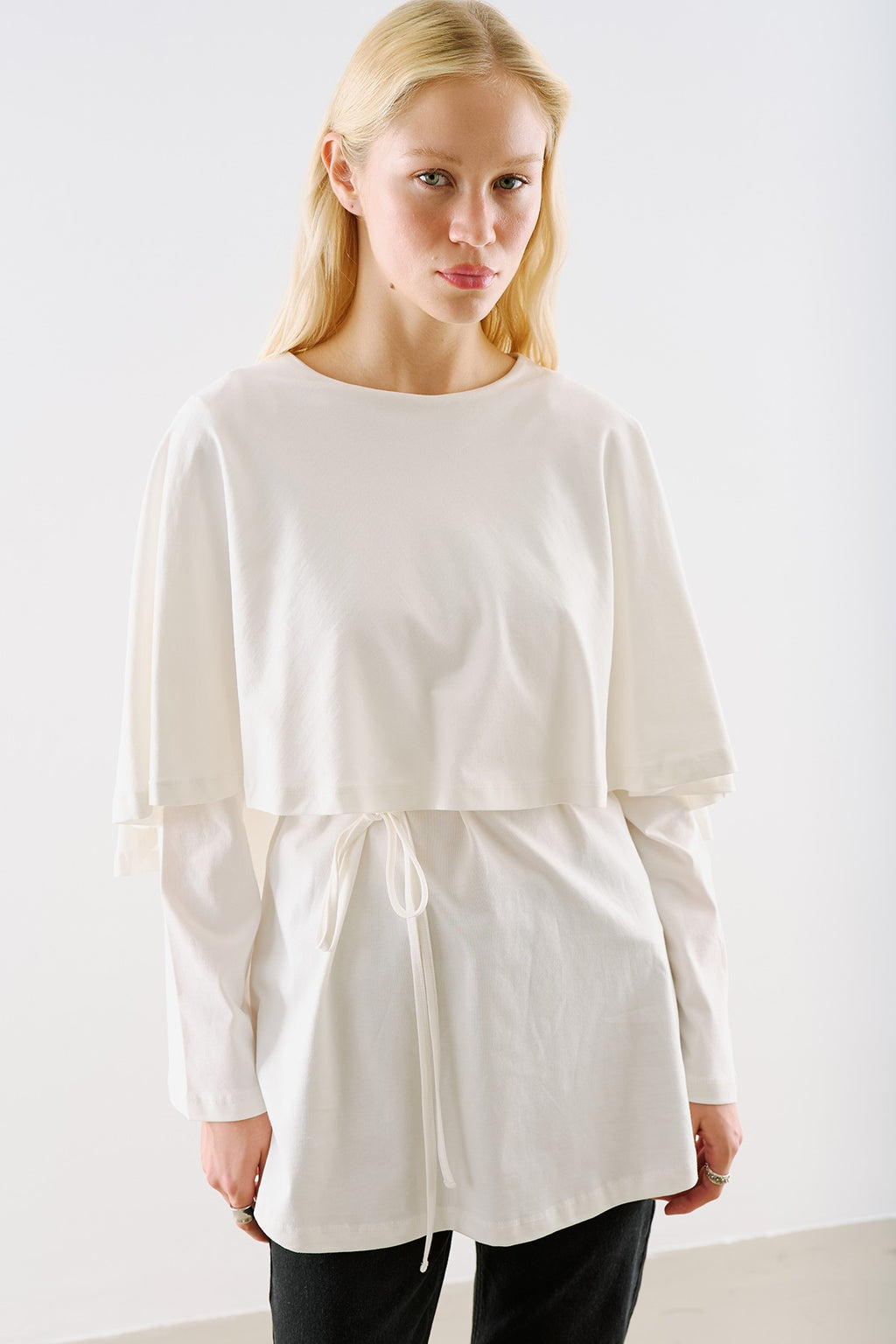 Cape-Style Belted Tunic White