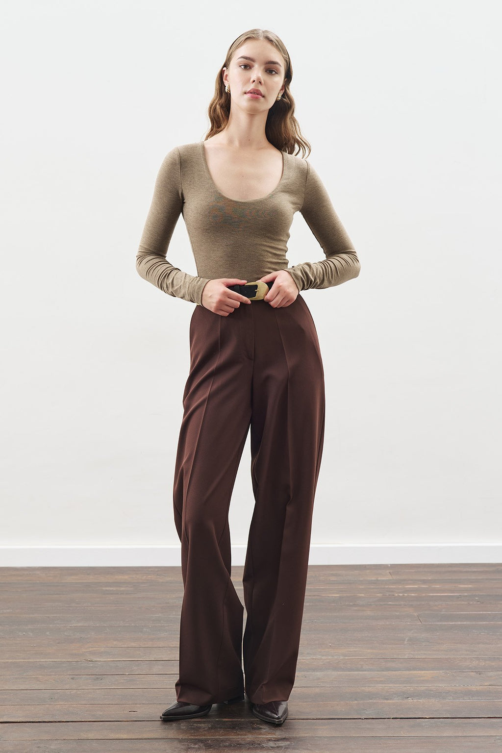Long-Length Straight-Leg Pants Brown