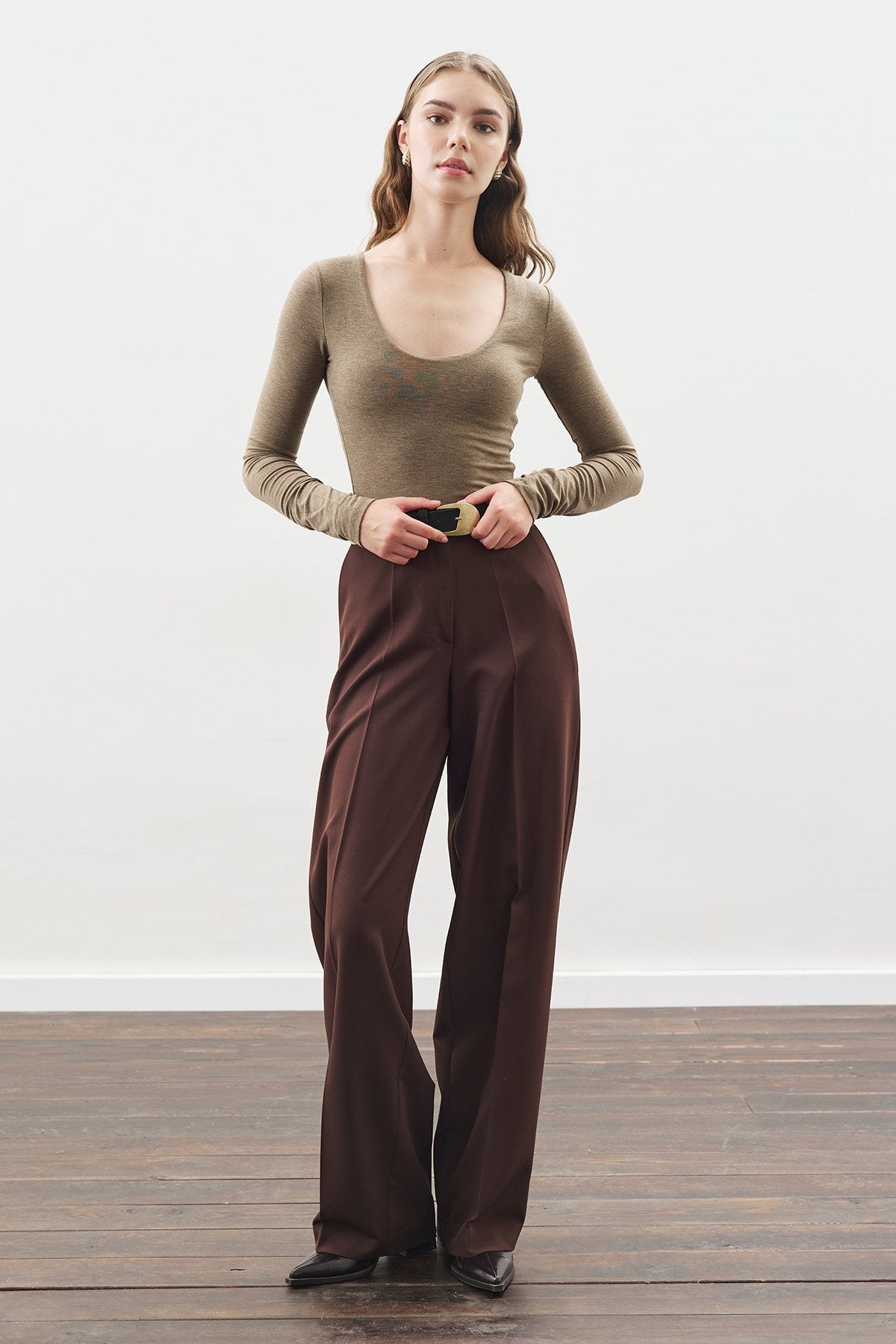 Long-Length Straight-Leg Pants Brown