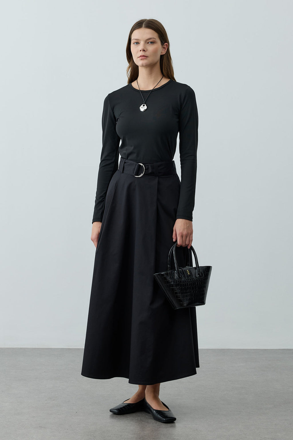 Belted Gabardine Skirt Black