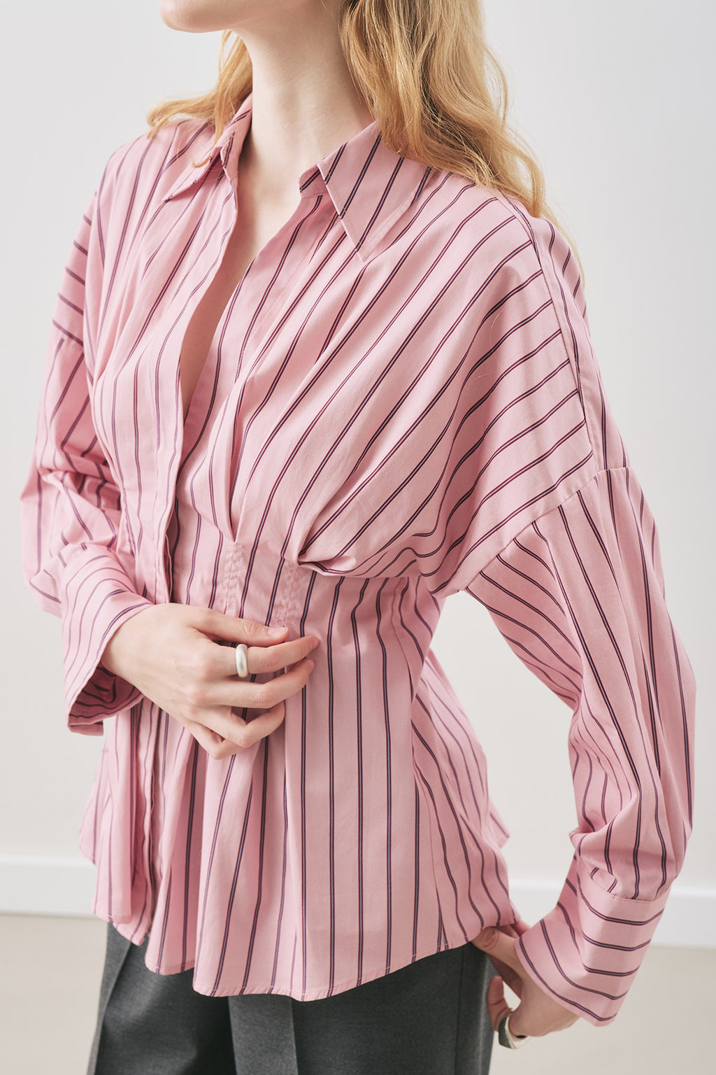 Pleated-Detail Shirt Pink Striped