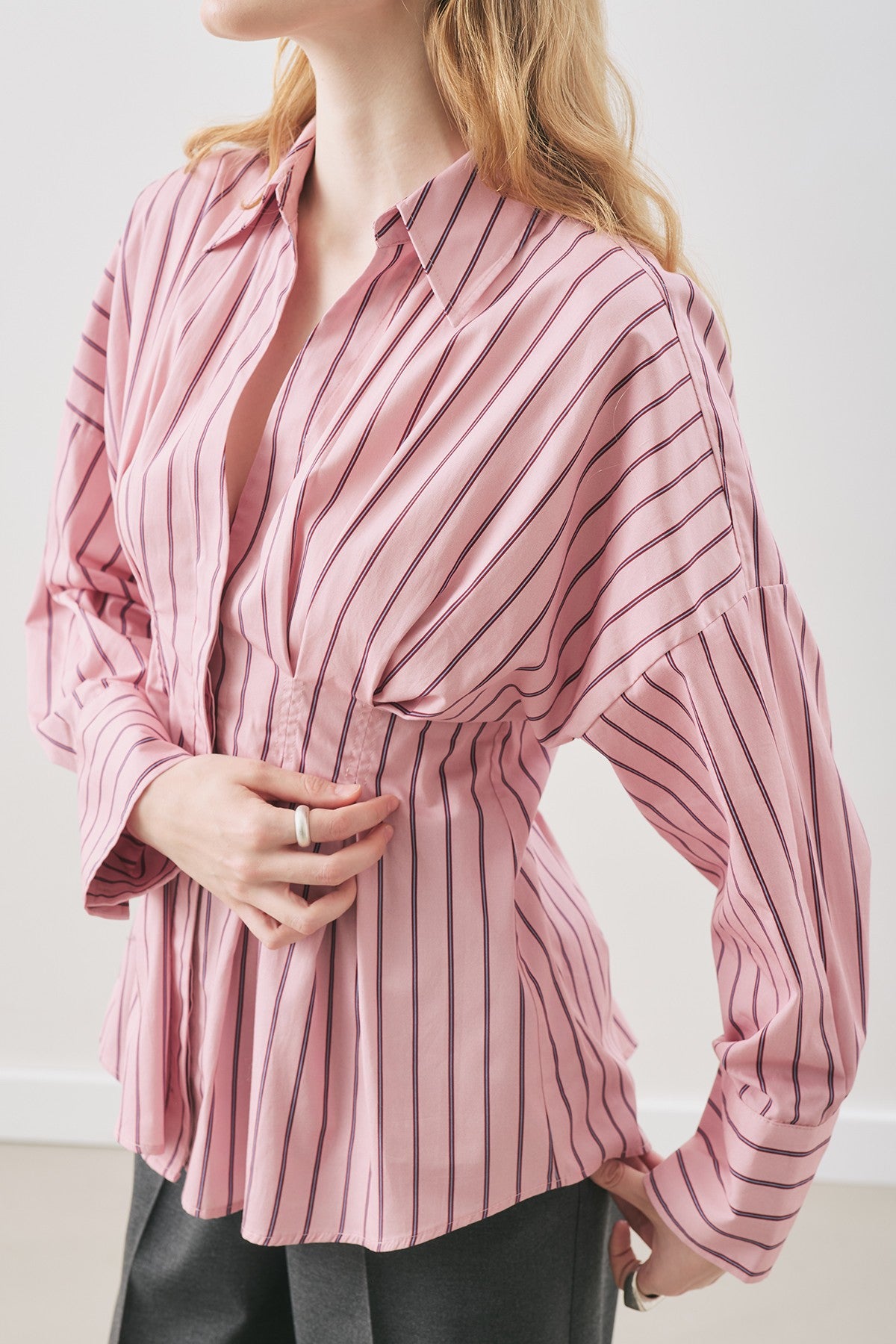Pleated-Detail Shirt Pink Striped