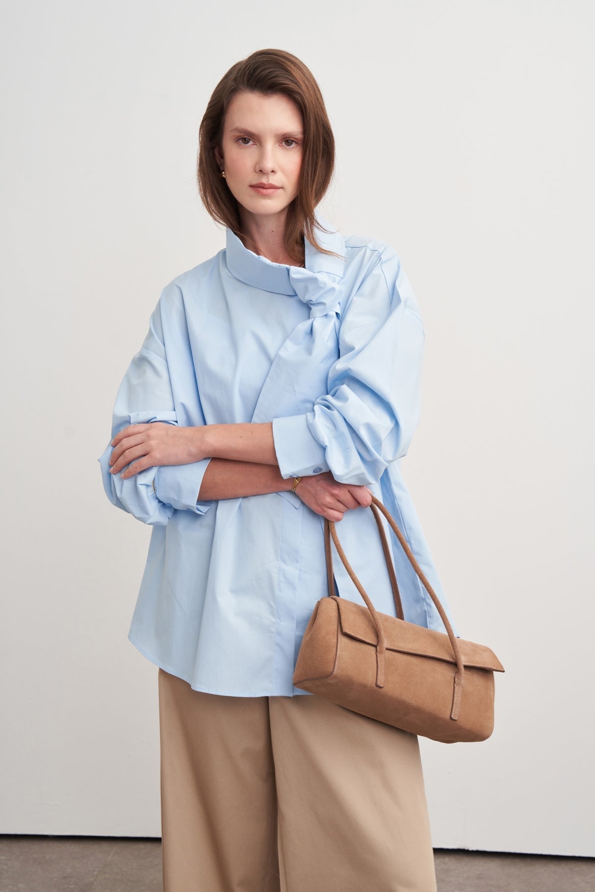 High-Neck Tie-Detail Poplin Shirt Light Blue
