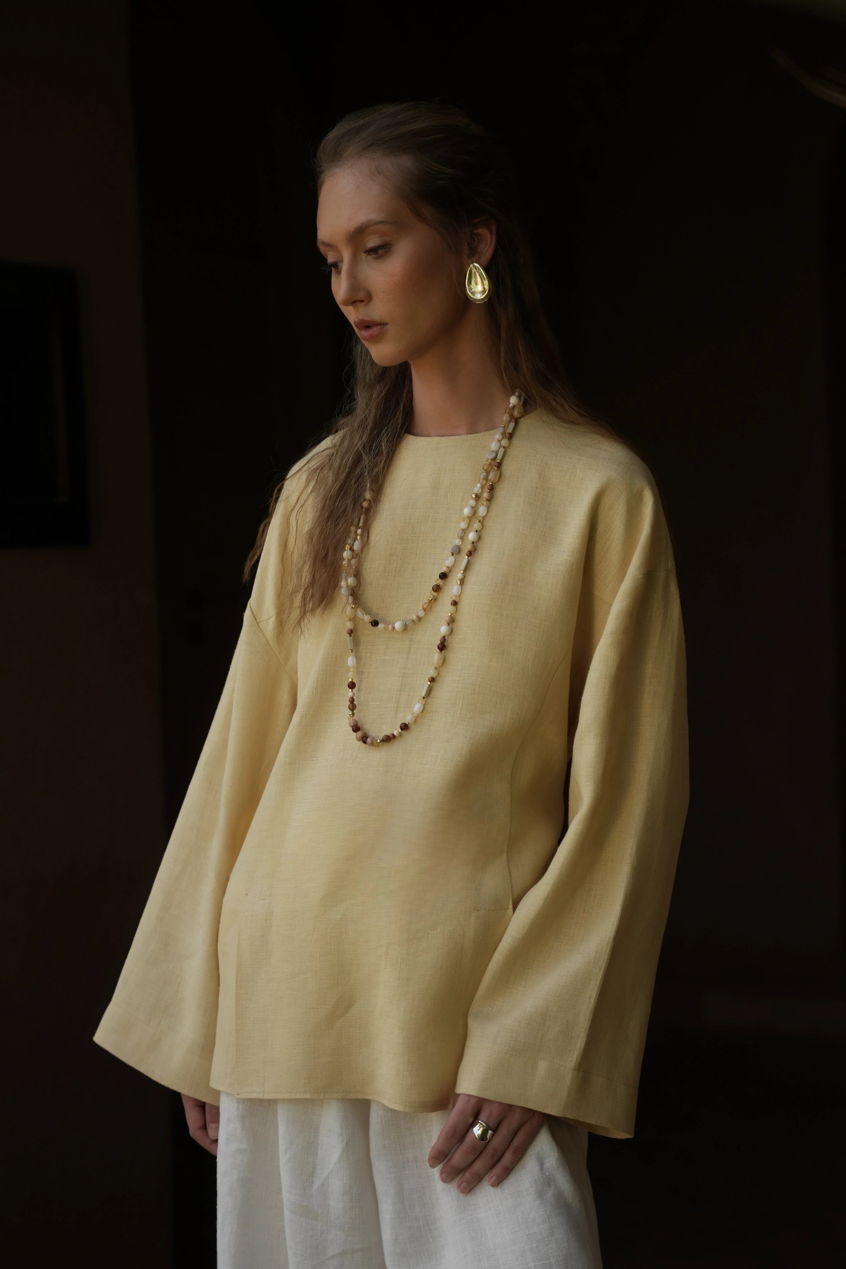 Double-Slit Organic Linen Blouse Yellow
