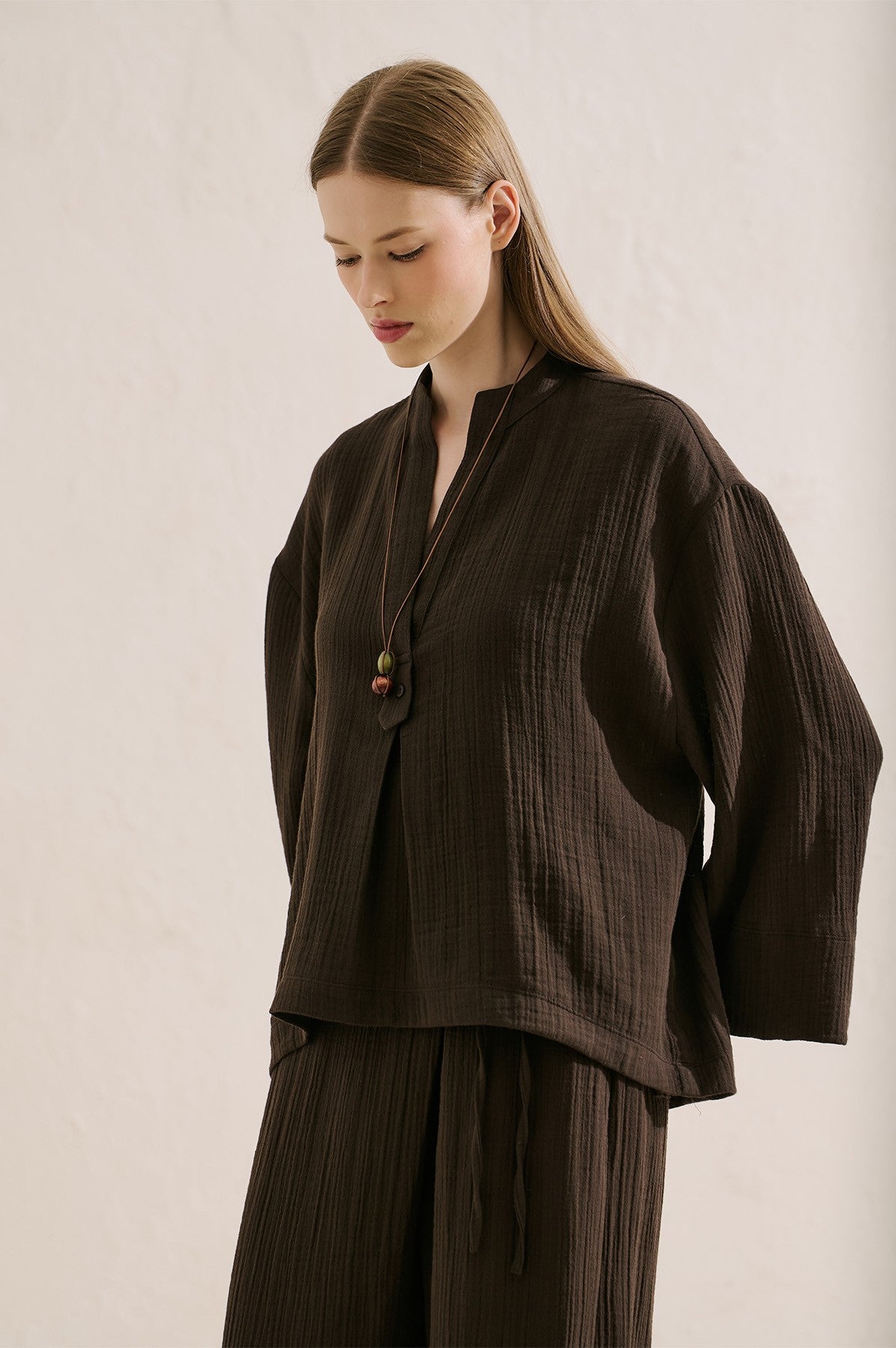Muslin Wide-Sleeve Blouse Brown