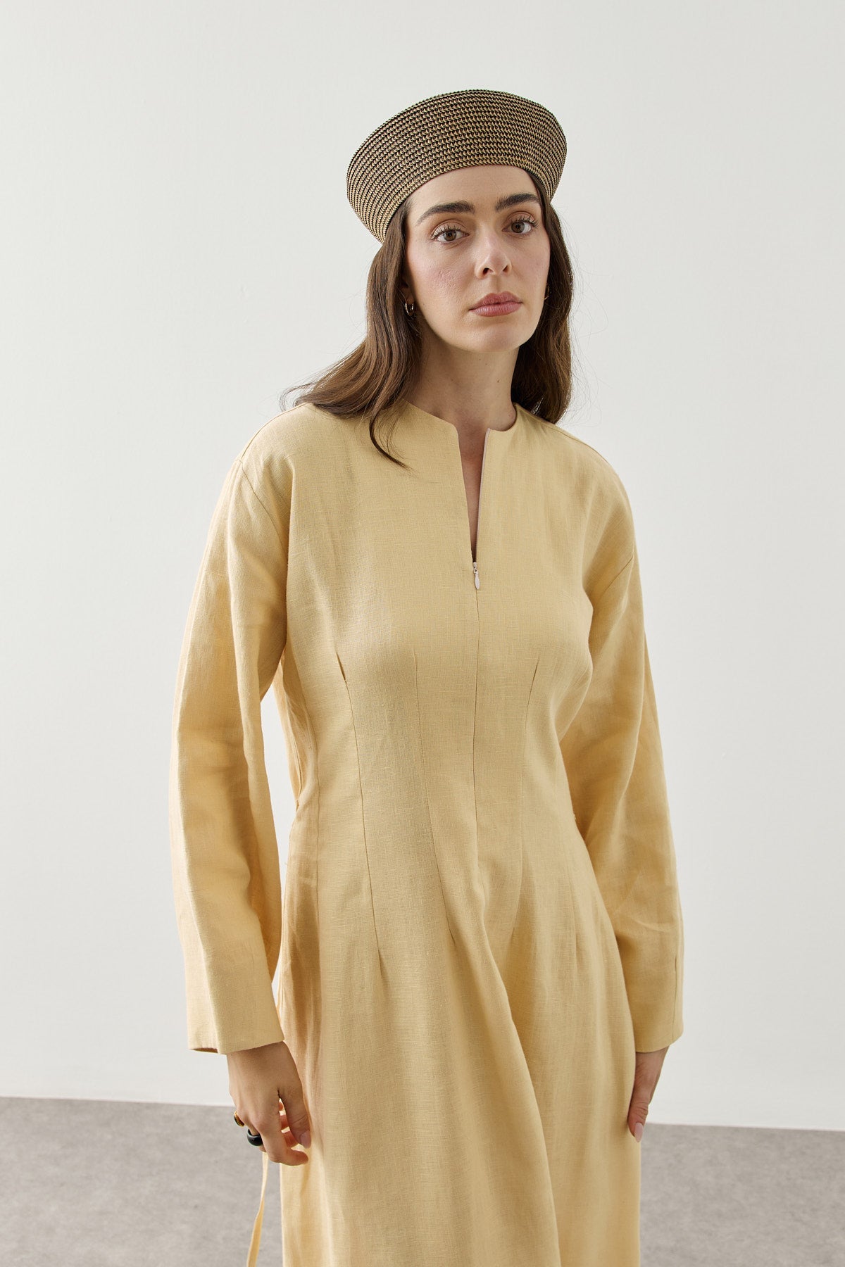 Linen Darted Zip-Up Dress Yellow