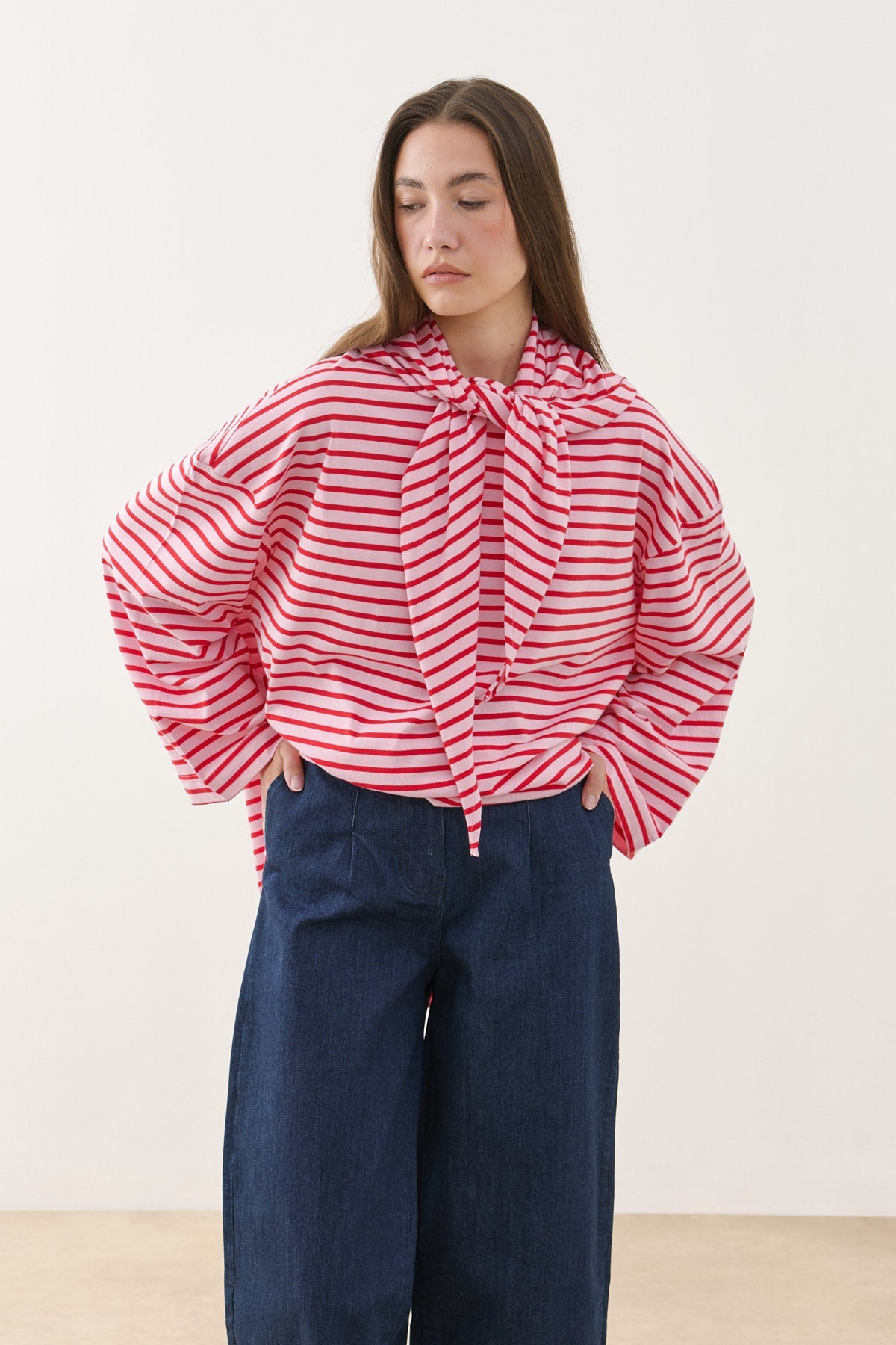 Scarf Detail Striped Long Sleeve Cotton T-Shirt Pink