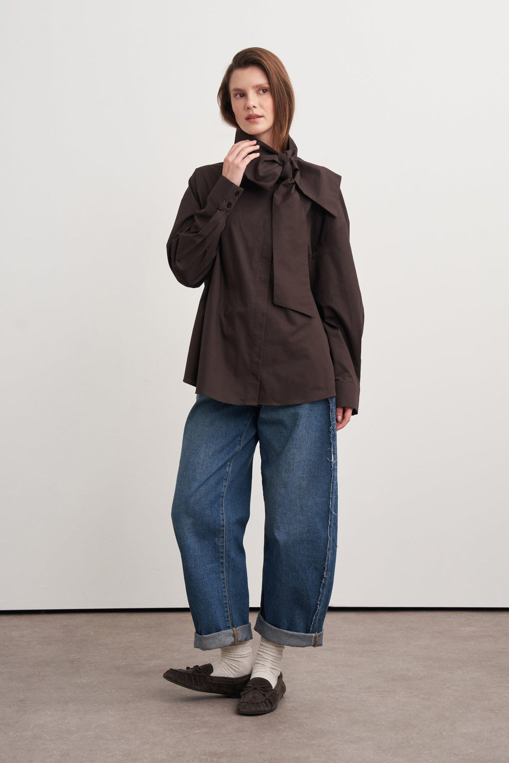 High-Neck Tie-Detail Poplin Shirt Brown