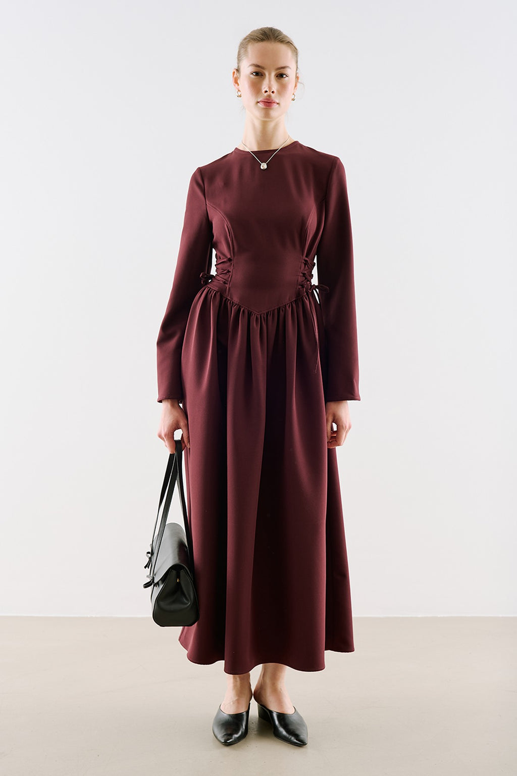 Waist-Fitted Tie-Detail Dress Burgundy