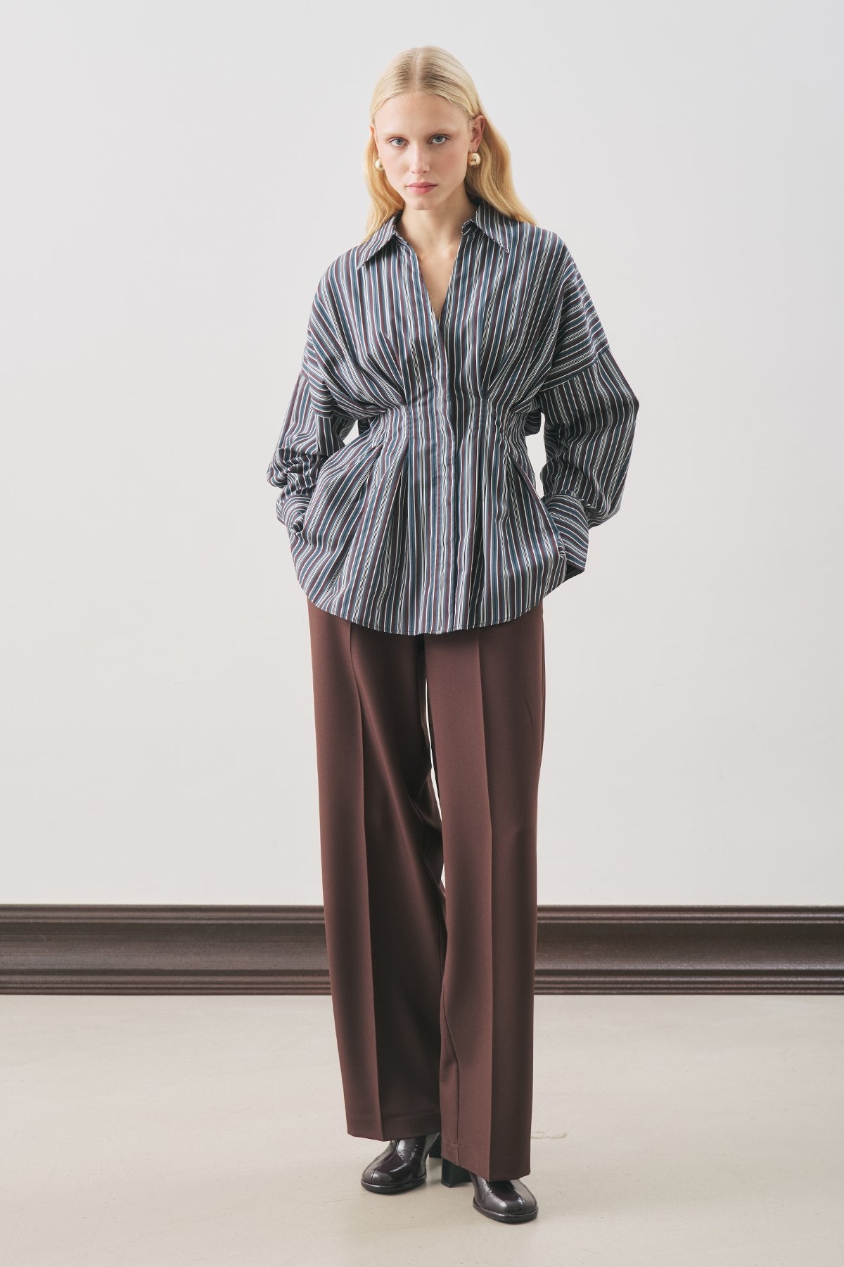 Pleated-Detail Shirt Brown Striped