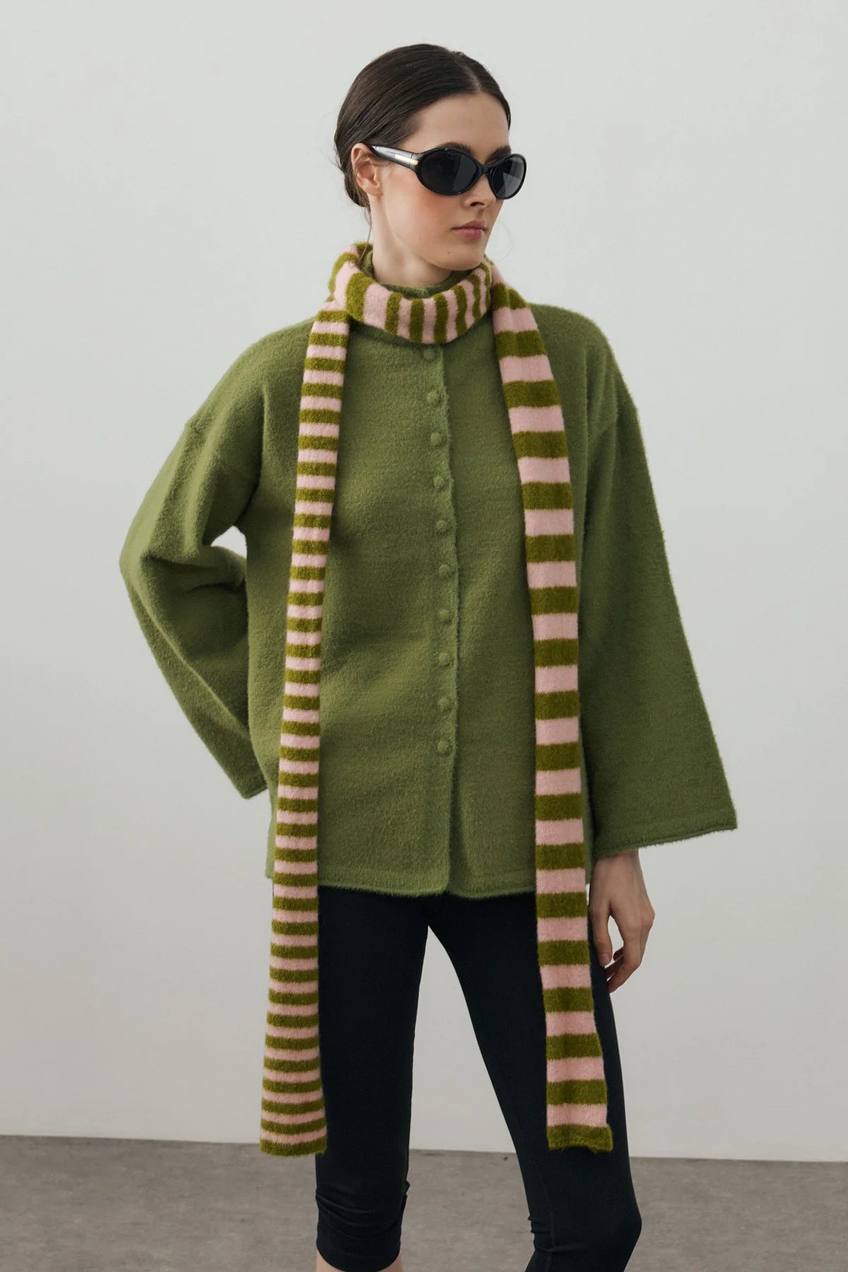 Striped Slim Scarf Moss And Pink