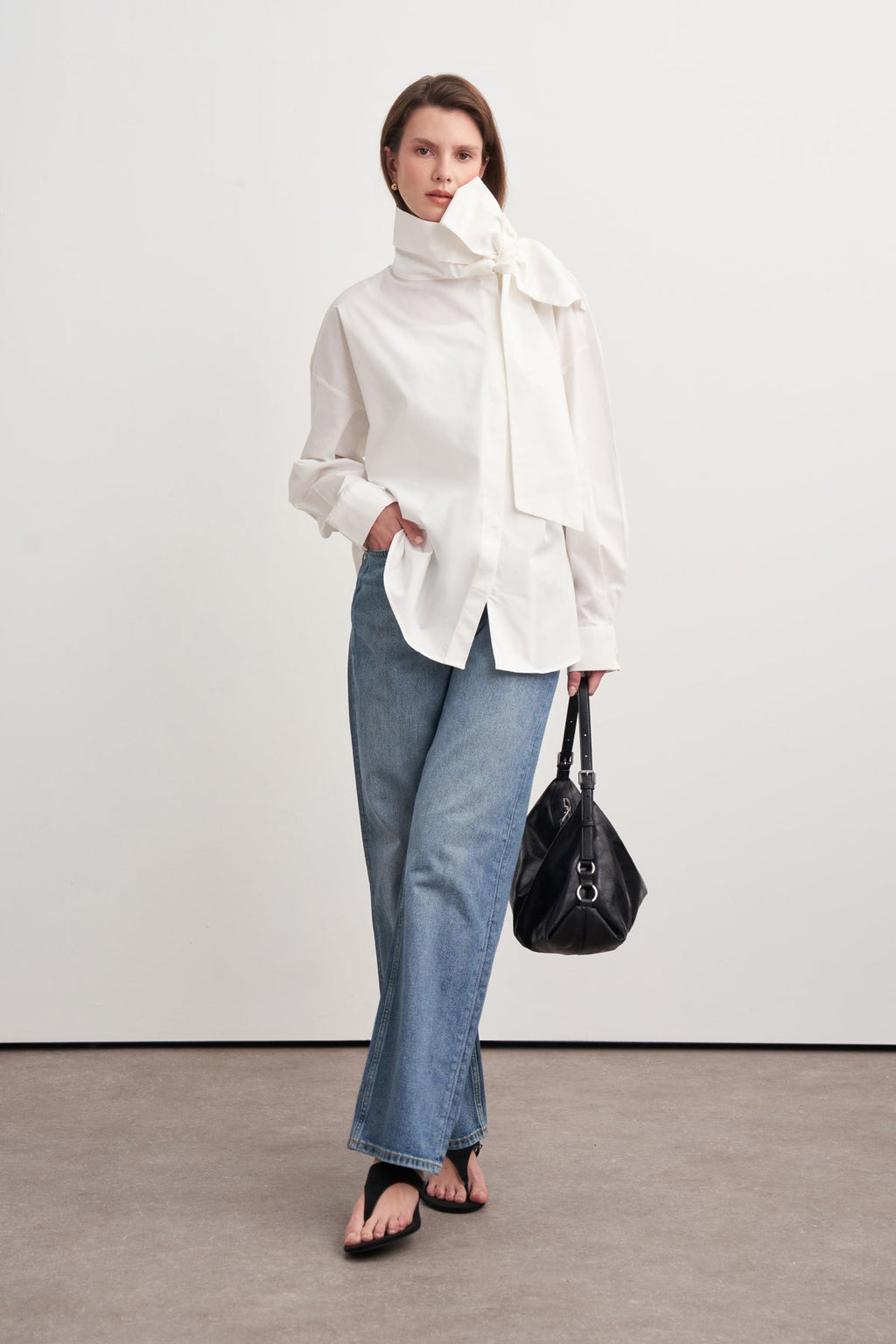 High-Neck Tie-Detail Poplin Shirt White