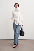 High-Neck Tie-Detail Poplin Shirt White