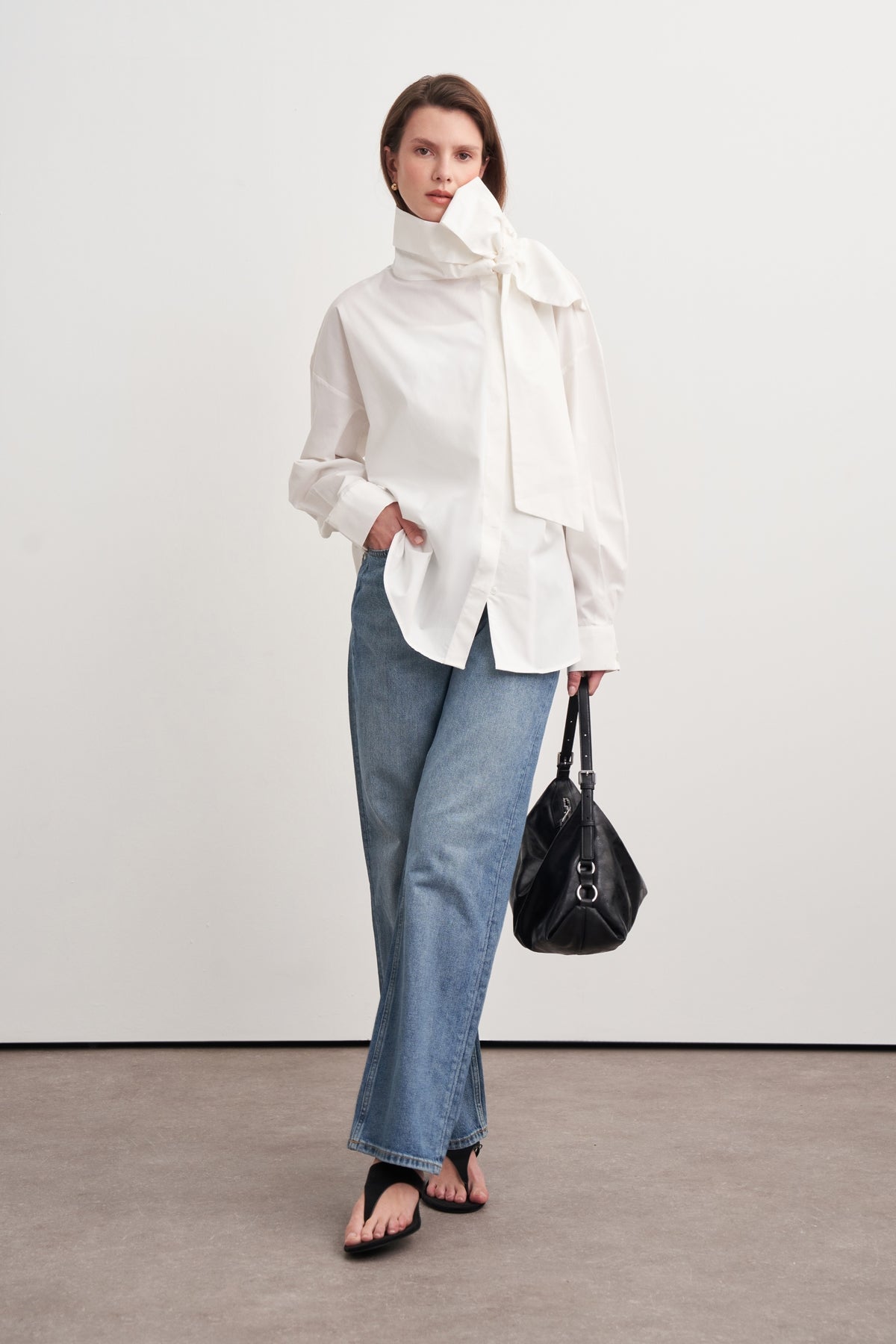 High-Neck Tie-Detail Poplin Shirt White