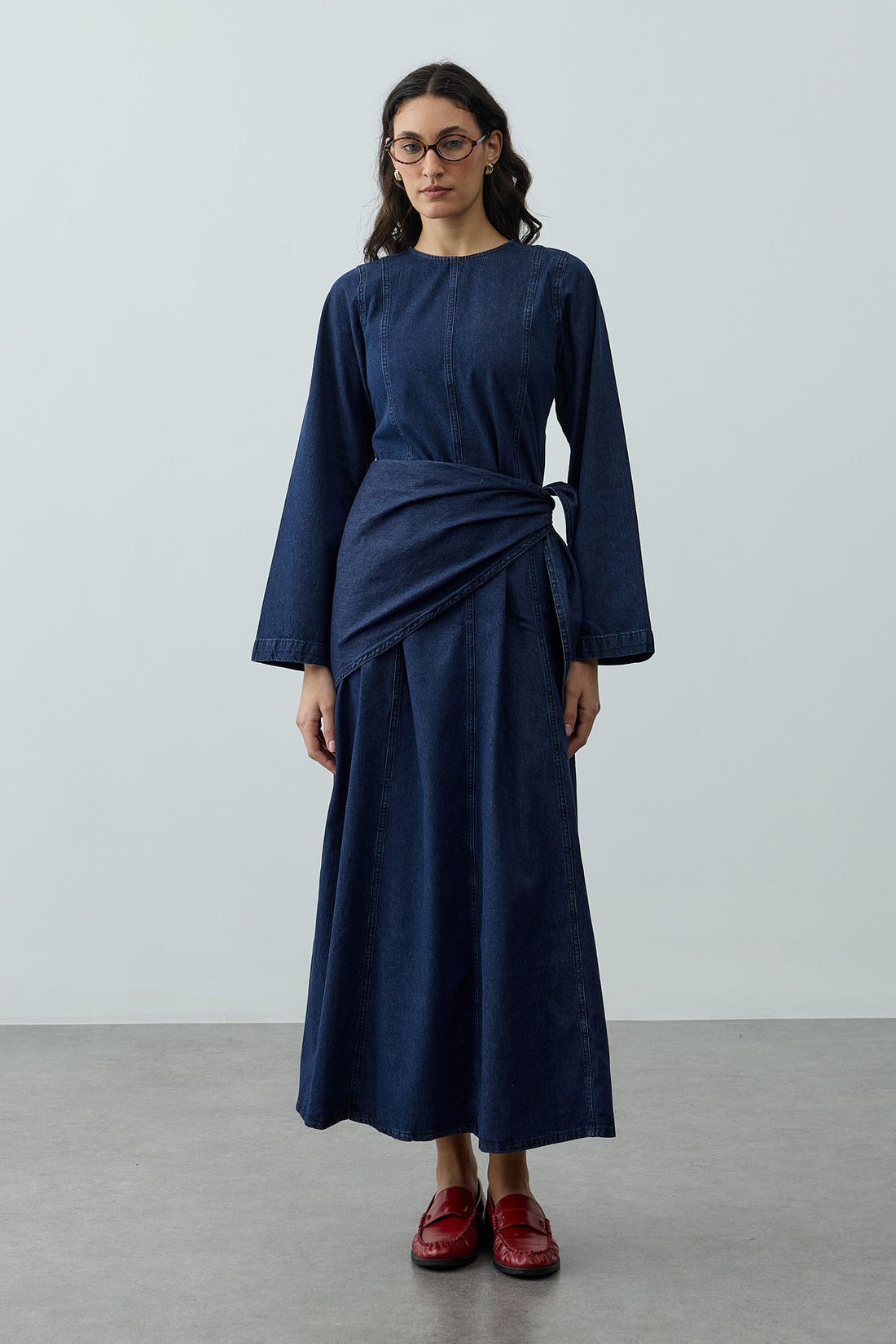 Scarf Detailed Denim Dress Navy Blue