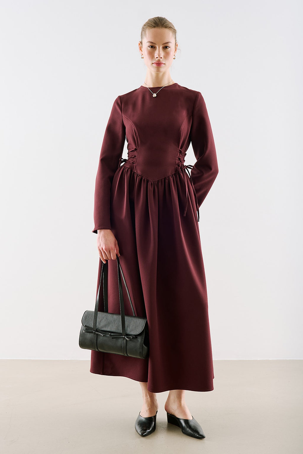 Waist-Fitted Tie-Detail Dress Burgundy