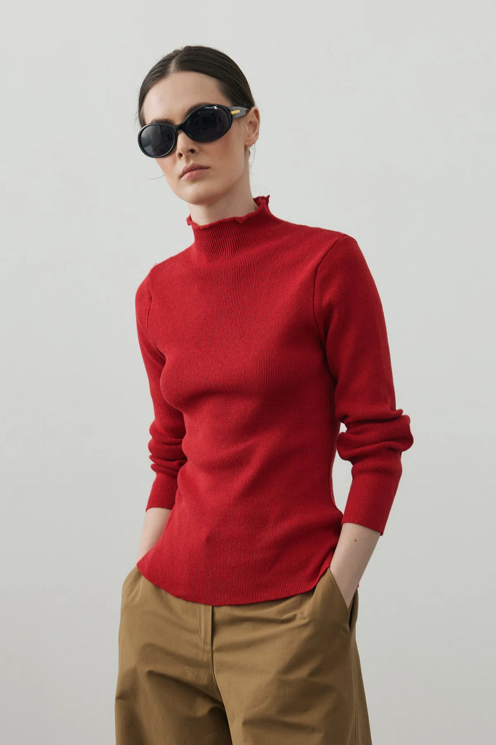 Fine-Ribbed Cotton Knit Bodysuit Red