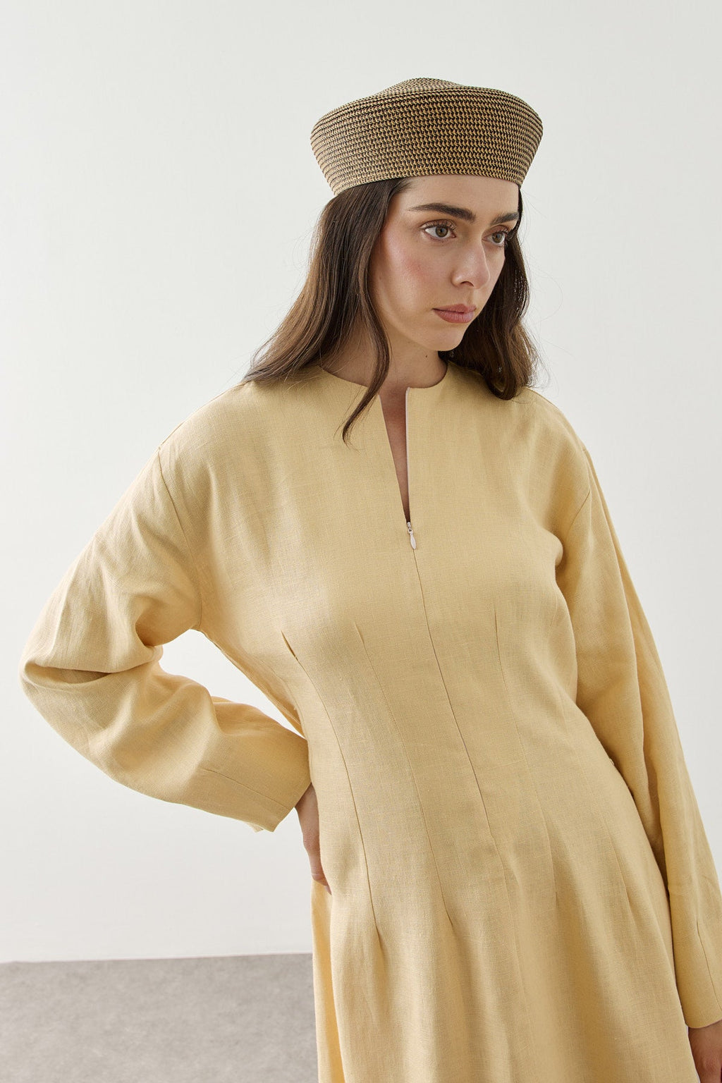 Linen Darted Zip-Up Dress Yellow