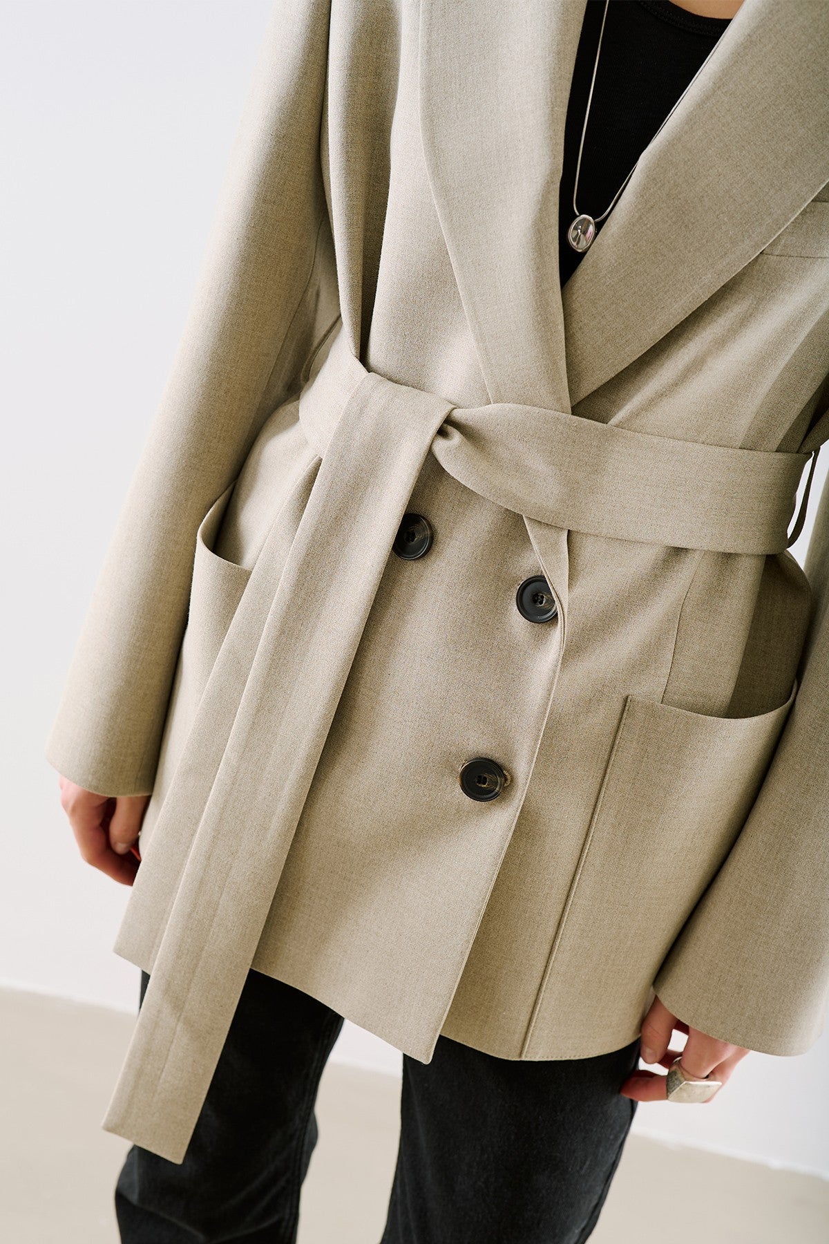 Belted Double-Breasted Pocket Blazer Jacket Stone
