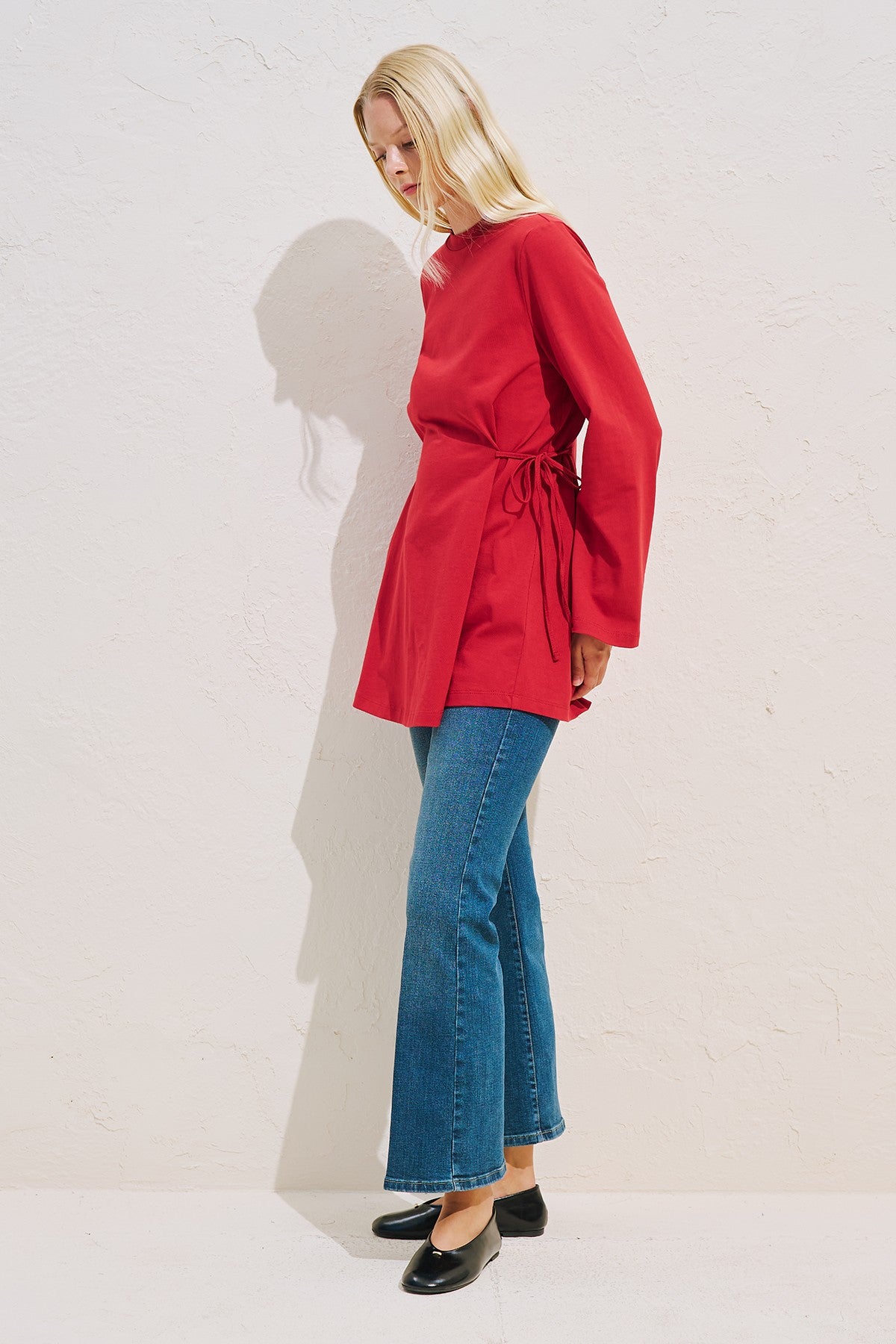 Waist Tie Long Sleeve T-Shirt Red
