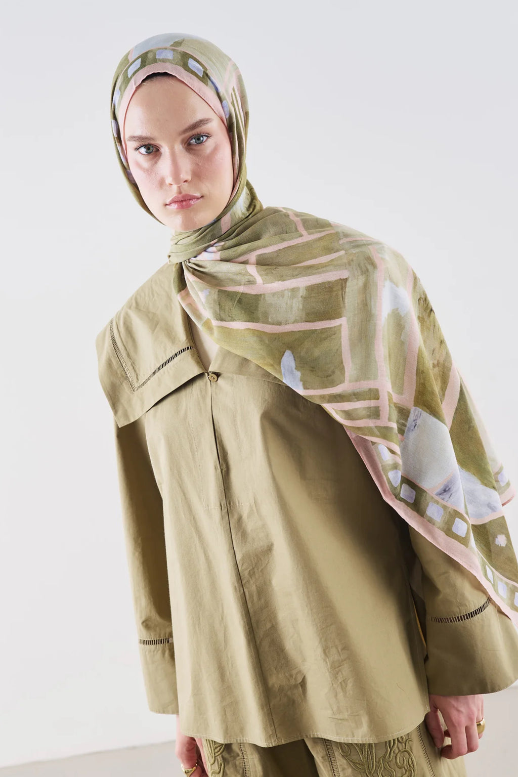 Abstract Blocks Ramie Viscose Shawl Khaki