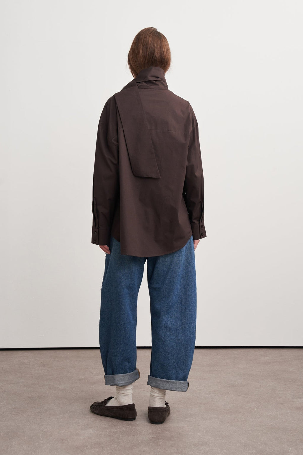 High-Neck Tie-Detail Poplin Shirt Brown