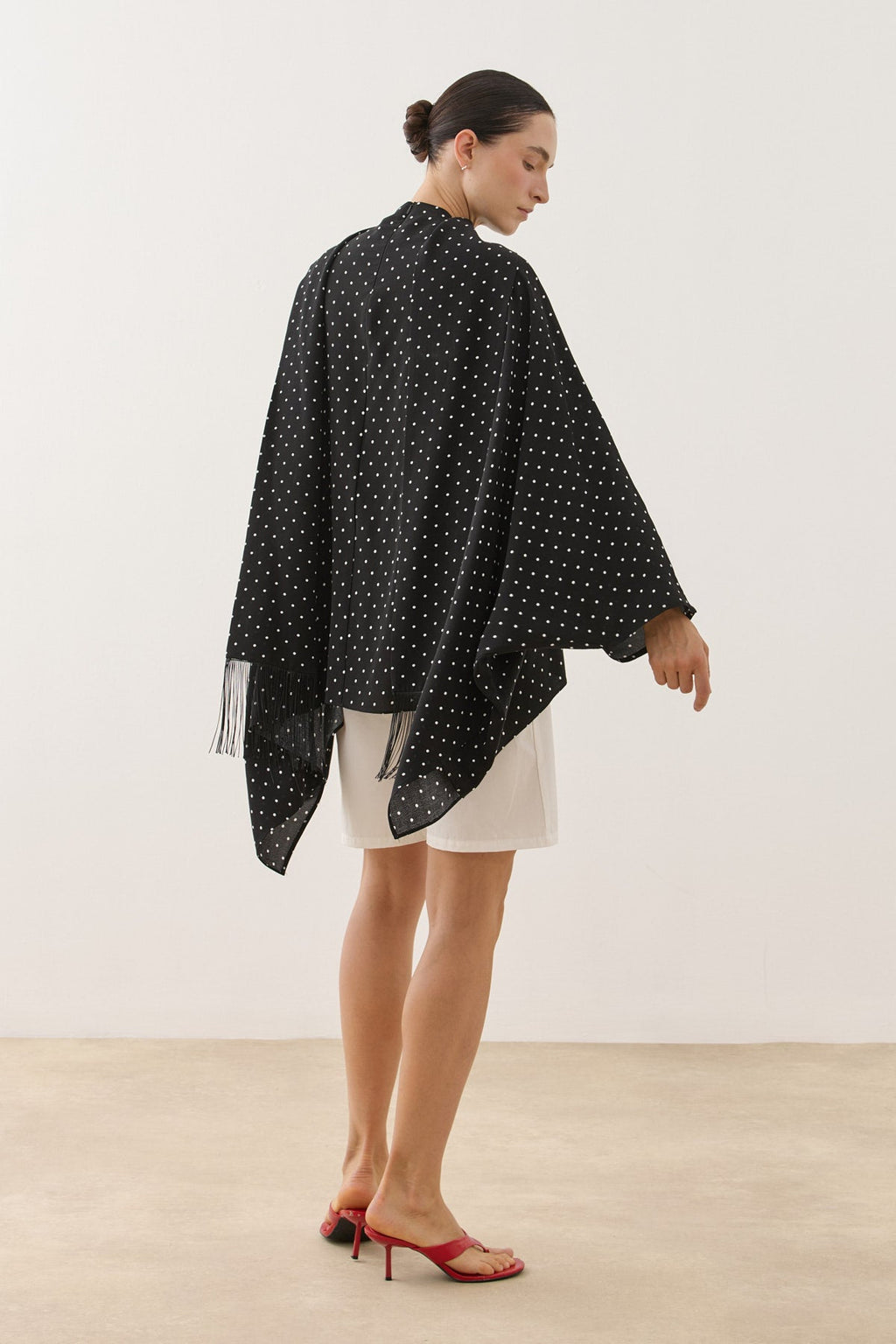Polka Dot Poncho Blouse with Tassel Scarf Detail Black