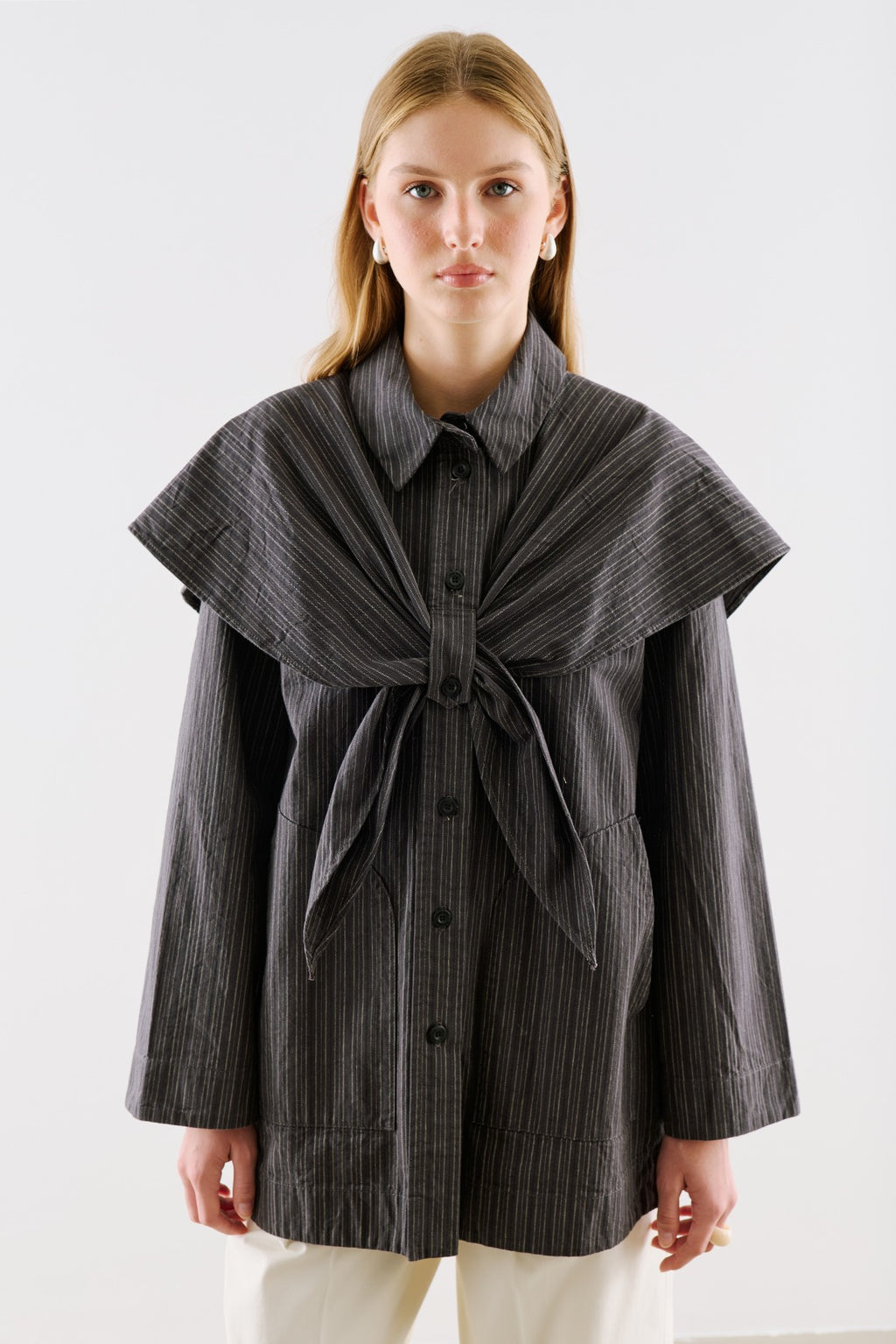 Scarf-Collar Shirt Jacket Black Striped