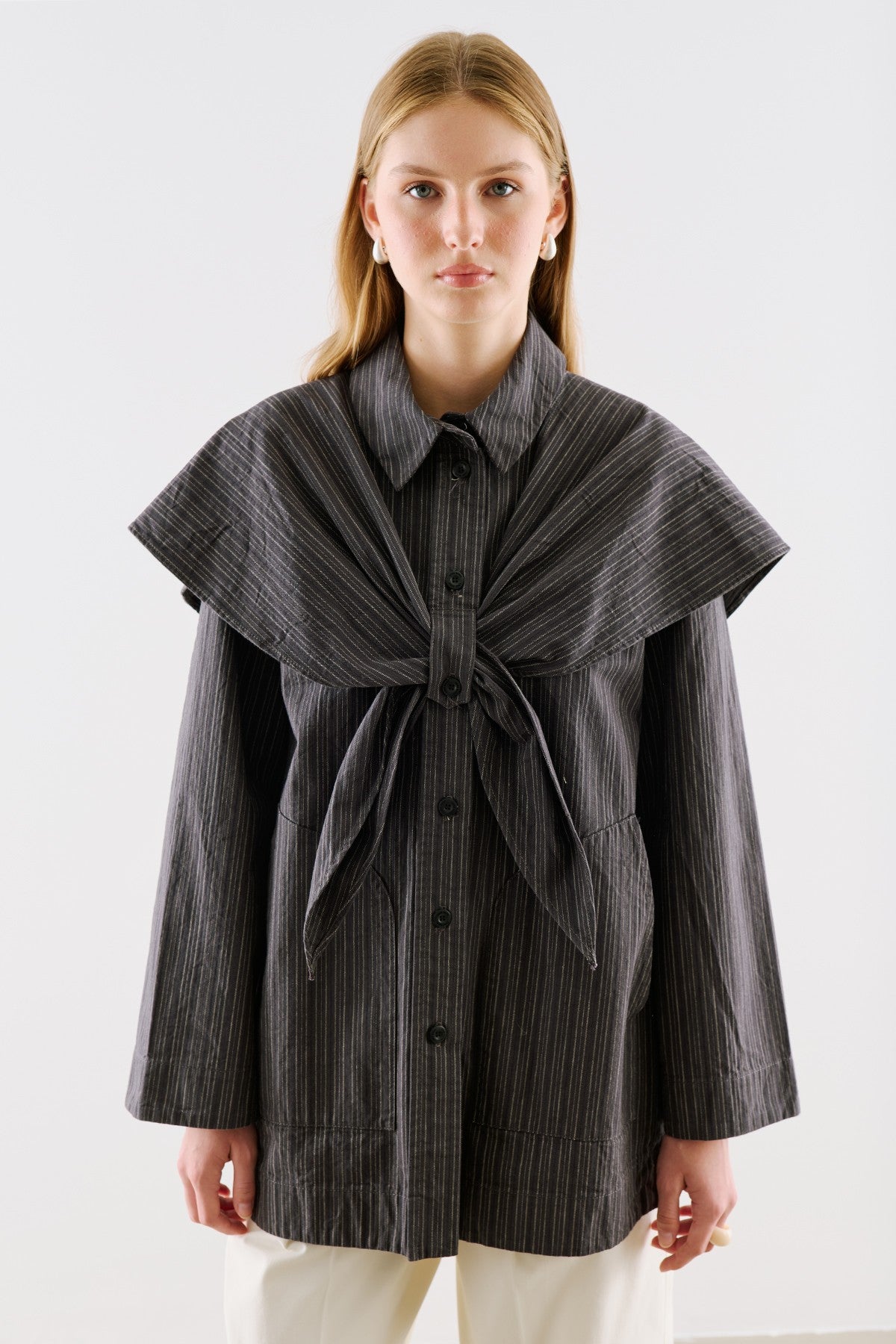 Scarf-Collar Shirt Jacket Black Striped