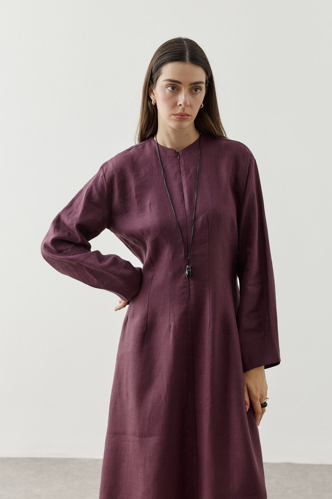 Linen Darted Zip-Up Dress Plum