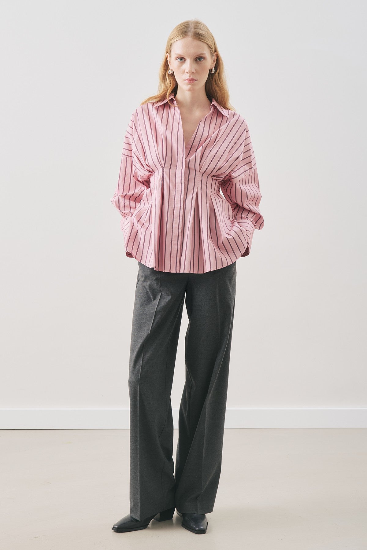 Pleated-Detail Shirt Pink Striped