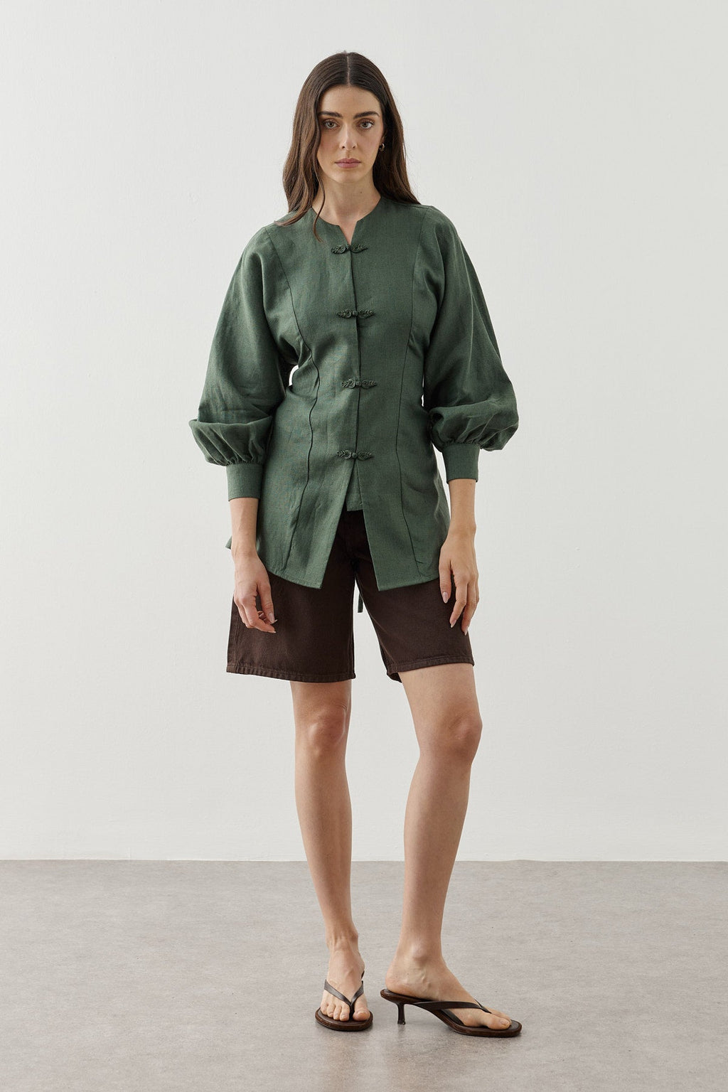 Linen Japandi Button-Up Shirt Jacket Dark Green