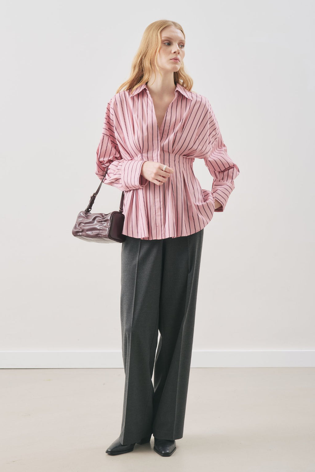 Pleated-Detail Shirt Pink Striped