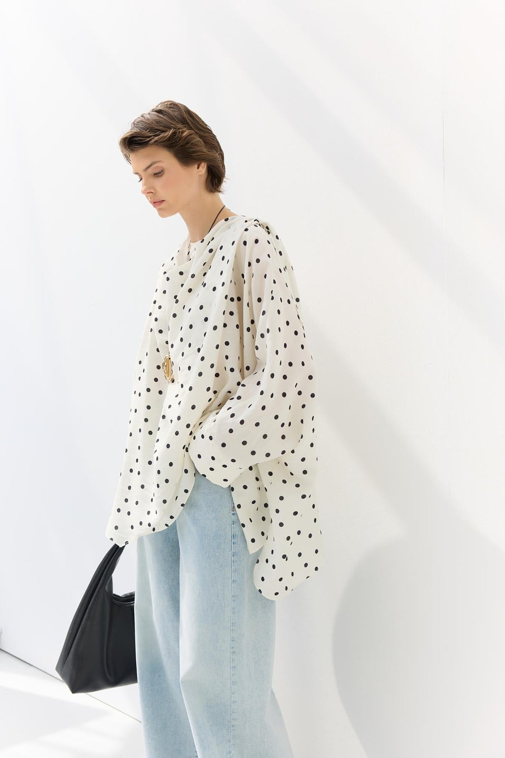Shawl Collar Polka Dot Patterned Tunic White